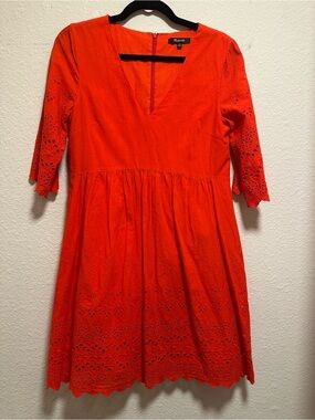 Beautiful Madewell Eyelet Lattice Dress in a vibrant Bright Poppy red-orange sha